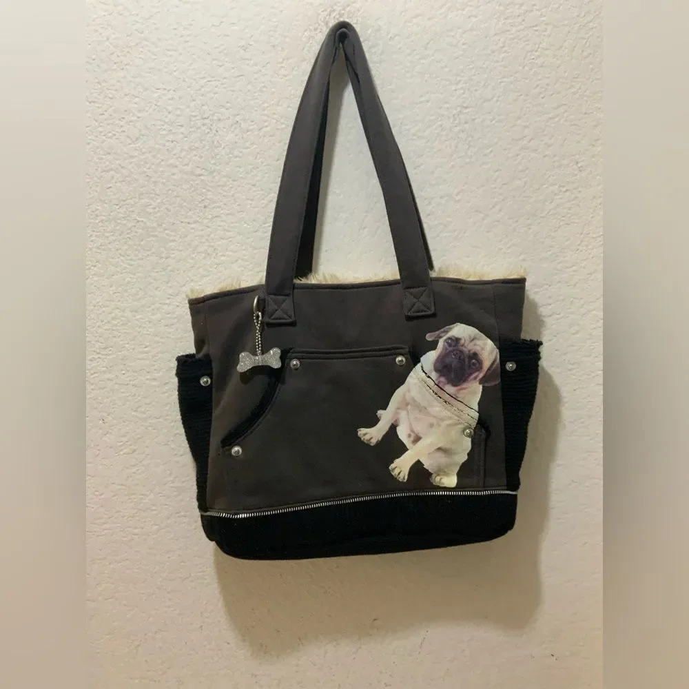 Fuzzy Nation Pug T-shirt Tote in Light Grey color w/ Faux Fur